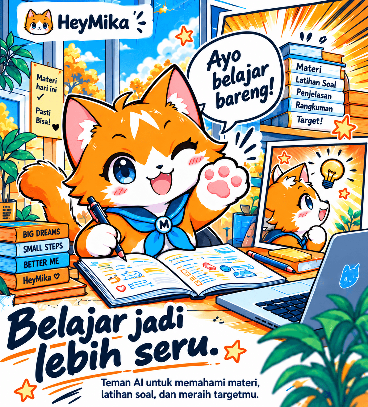 Mika menyapa dari meja belajarnya. Ayo belajar bareng!